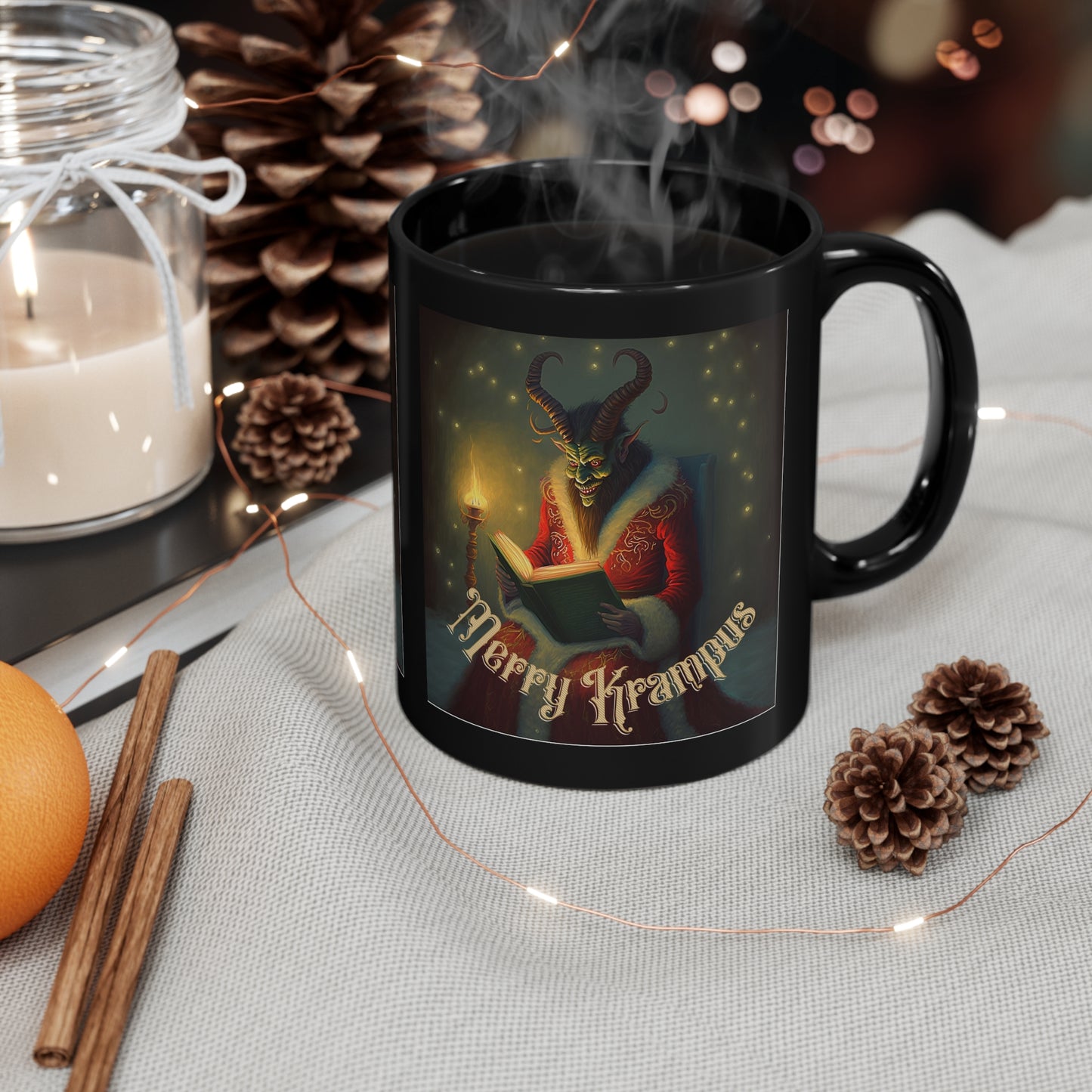 Merry Krampus Reading a Book Ceramic Holiday Mug