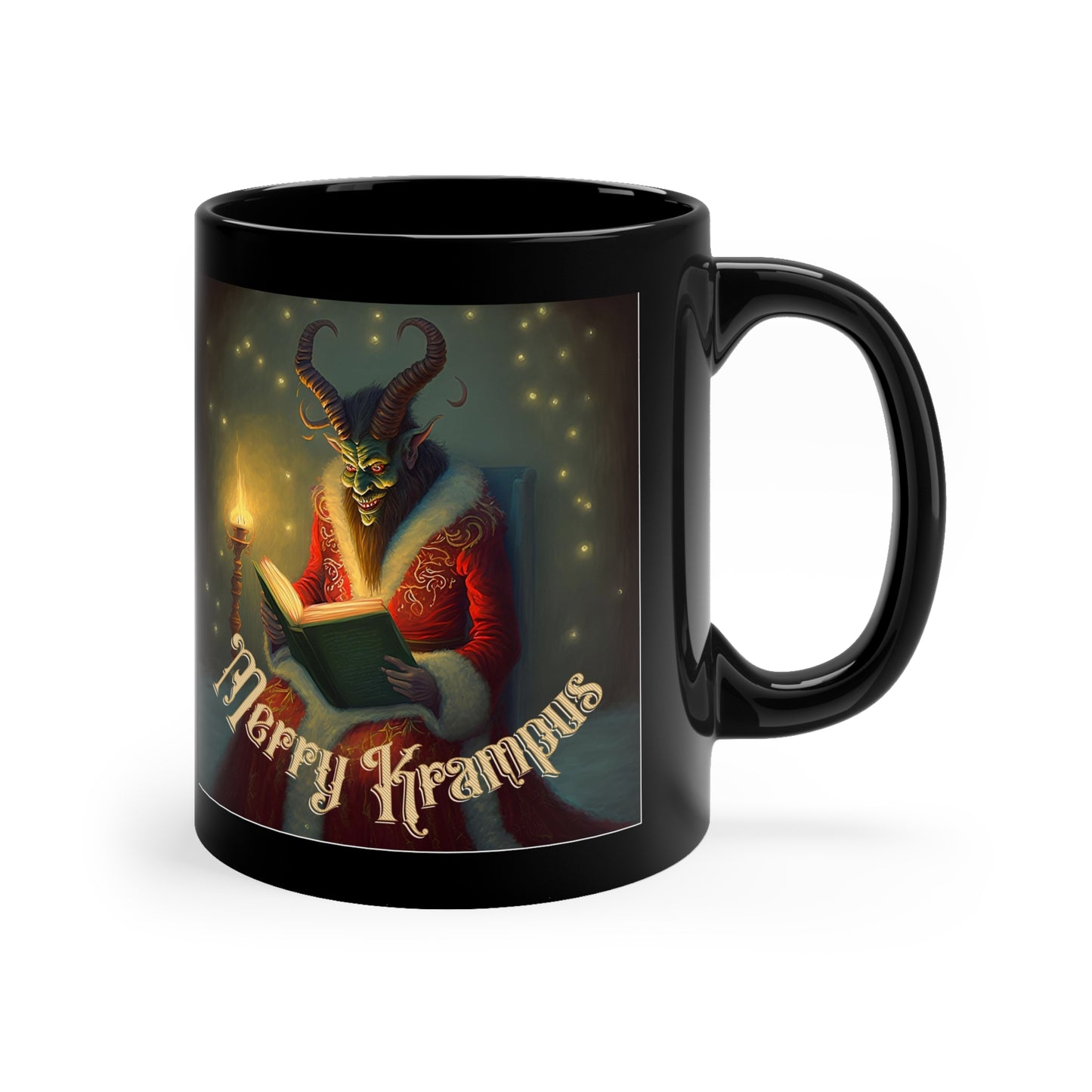 Merry Krampus Reading a Book Ceramic Holiday Mug