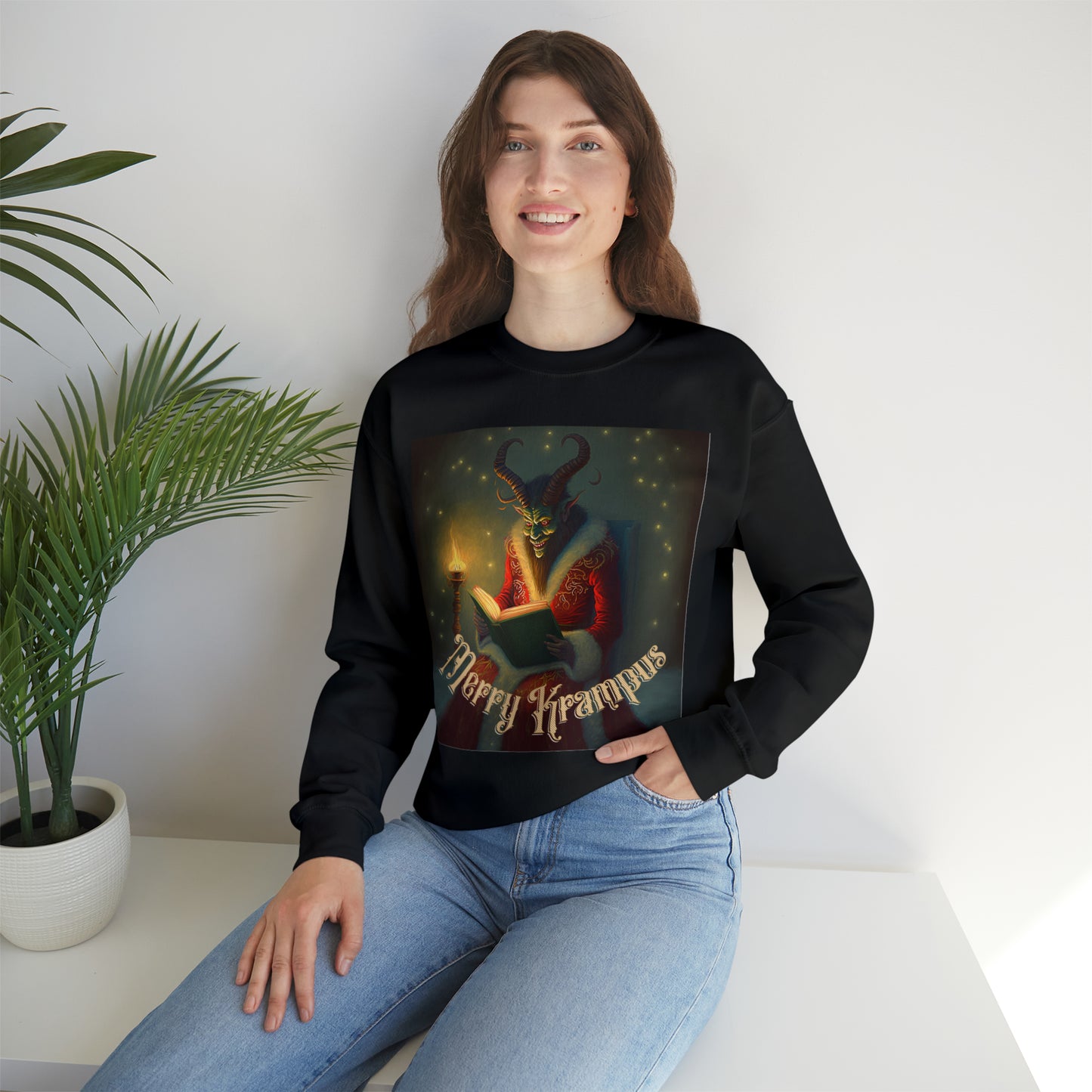 Merry Krampus reading a book Holiday Sweatshirt Sweatshirt