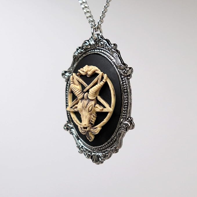 Antiqued Baphomet Goat Head Cameo Pendant Necklace