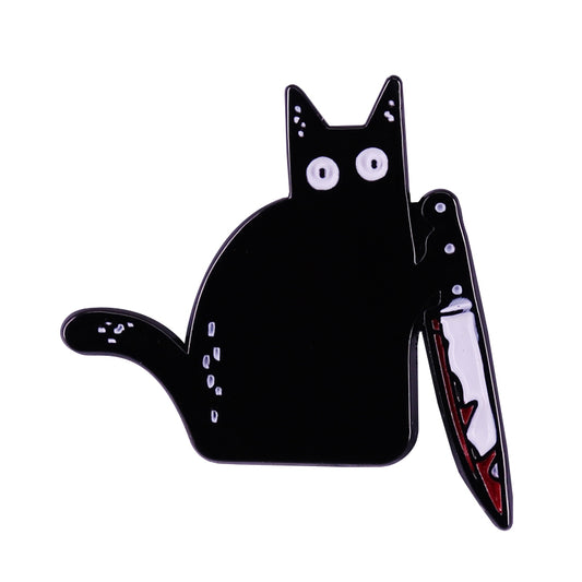 Black Cat with Knife Enamel Pin